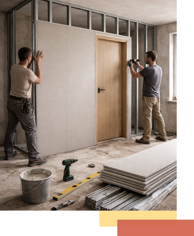 Перегородка из гипсокартона с дверью под ключ в калуге