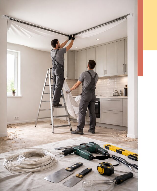 Установка натяжного потолка на кухне в калуге от 2427 руб. | ОТДЕЛОЧНИК-Клг