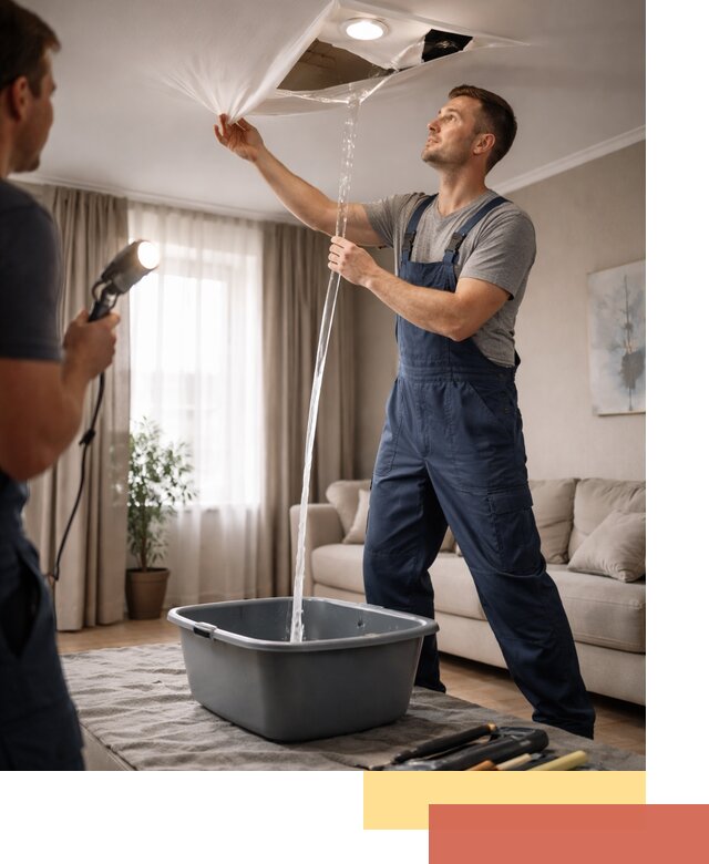 Слив воды с натяжного потолка в калуге быстро и аккуратно